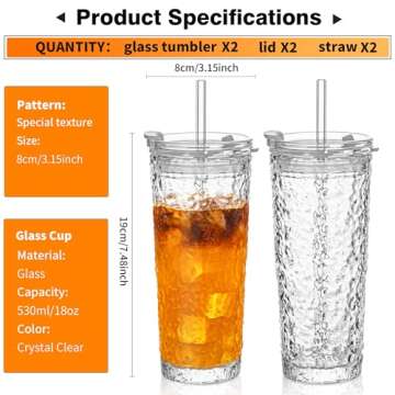 KEMORELA Glass Tumblers with Lids and Straws – Set of 2, 18oz Premium Quality Drinking Glasses, Ideal for Juices, Cocktails, and Everyday Use