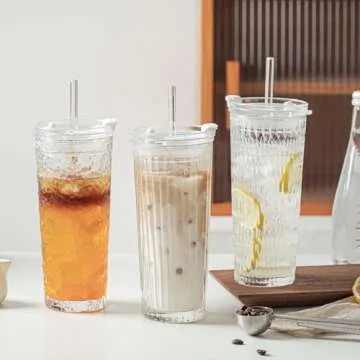 KEMORELA Glass Tumblers with Lids and Straws – Set of 2, 18oz Premium Quality Drinking Glasses, Ideal for Juices, Cocktails, and Everyday Use