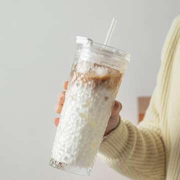 KEMORELA Glass Tumblers with Lids and Straws – Set of 2, 18oz Premium Quality Drinking Glasses, Ideal for Juices, Cocktails, and Everyday Use