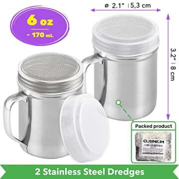 CUSINIUM Powdered Sugar Shaker Duster - With Handle - Cinnamon Shaker For Coffee Bar - Fine Mesh Dredge - 6 ounce, pack of 2 | Style: Fine