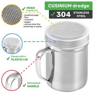 CUSINIUM Powdered Sugar Shaker Duster - With Handle - Cinnamon Shaker For Coffee Bar - Fine Mesh Dredge - 6 ounce, pack of 2 | Style: Fine