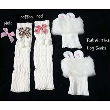 JUENAWMIU Cute Bunny Ears Furry Leg Warmers Fur Ball Bow Leg Warmers