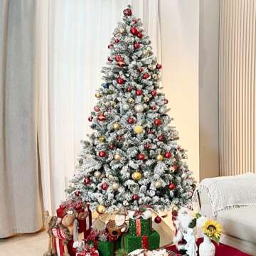Hykolity 9 ft Snow Flocked Artificial Christmas Tree with Pine Cones, 2100 Tips, Metal Stand and Hinged Branches