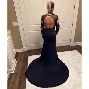 Long Sleeves Gold Appliques Prom Dresses Split Mermaid Wedding Party Gowns High Neck PM67,Black,4