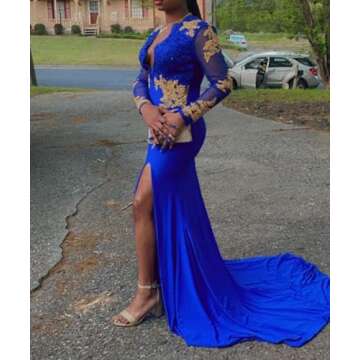 Long Sleeves Gold Appliques Prom Dresses Split Mermaid Wedding Party Gowns High Neck PM67,Black,4