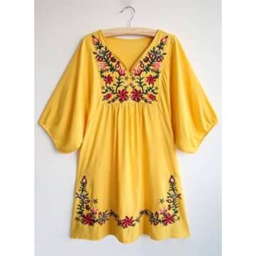 Kafeimali Summer Dress V Neck Mexican Embroidered Peasant Women's Dressy Tops Blouses (Yellow)