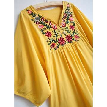 Kafeimali Summer Dress V Neck Mexican Embroidered Peasant Women's Dressy Tops Blouses (Yellow)