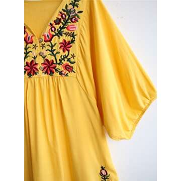Kafeimali Summer Dress V Neck Mexican Embroidered Peasant Women's Dressy Tops Blouses (Yellow)