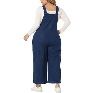 Agnes Orinda Plus Size Denim Bib Overalls for Women Classic Adjustable Straps Pockets Jumpsuit Jeans Pants 4X Dark Blue