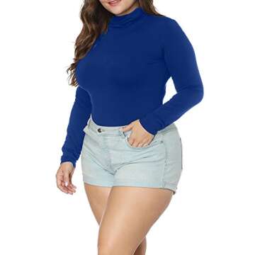 Allegrace Women's Plus Size Long Sleeve Turtleneck Crotch Jumpsuits Rompers Blue 1X