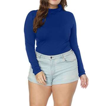 Allegrace Women's Plus Size Long Sleeve Turtleneck Crotch Jumpsuits Rompers Blue 1X