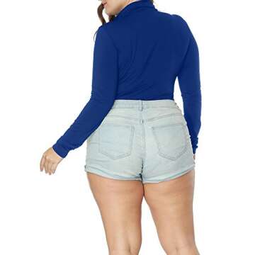 Allegrace Women's Plus Size Long Sleeve Turtleneck Crotch Jumpsuits Rompers Blue 1X
