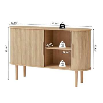 XUZENEST 53'' Modern Credenza Storage Cabinet with Fluted Slide Doors, Tambour Bar Console Table for Living Dining Room Kitchen Hallway Entryway, Natural