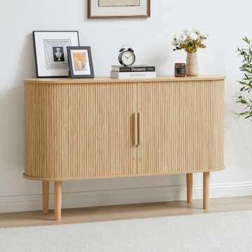 XUZENEST 53'' Modern Credenza Storage Cabinet with Fluted Slide Doors, Tambour Bar Console Table for Living Dining Room Kitchen Hallway Entryway, Natural