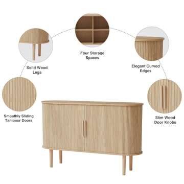 XUZENEST 53'' Modern Credenza Storage Cabinet with Fluted Slide Doors, Tambour Bar Console Table for Living Dining Room Kitchen Hallway Entryway, Natural
