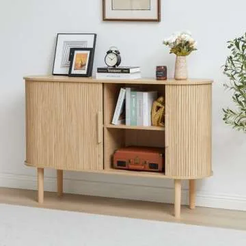 XUZENEST 53'' Modern Credenza Storage Cabinet with Fluted Slide Doors, Tambour Bar Console Table for Living Dining Room Kitchen Hallway Entryway, Natural