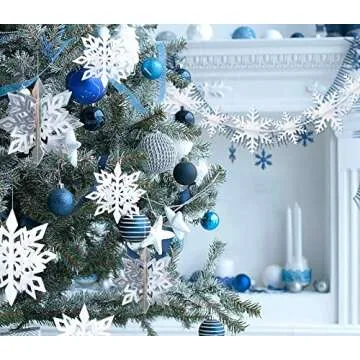 24 Pcs Christmas Hanging Snowflake Decorations 12 pcs 3D Large Silver Snowflake Ornaments & White Paper Snowflake Garland for Christmas Winter Wonderland Decorations Frozen Birthday Party Supplies