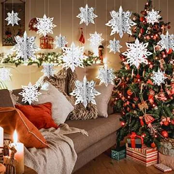 24 Pcs Christmas Hanging Snowflake Decorations 12 pcs 3D Large Silver Snowflake Ornaments & White Paper Snowflake Garland for Christmas Winter Wonderland Decorations Frozen Birthday Party Supplies