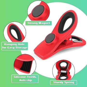 12 Magnetic Clips for Food Packages - Red Plastic Clips