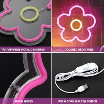 Baquler 3 Pcs Flower Neon Sign LED Light Signs USB Powered Retro Flower Shaped Light up Sign for Easter Wall Bedroom Home Wedding Birthday Party Decoration Girls, 9 x 9 Inches(Classic)