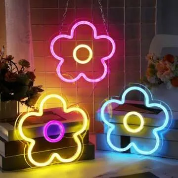 Baquler 3 Pcs Flower Neon Sign LED Light Signs USB Powered Retro Flower Shaped Light up Sign for Easter Wall Bedroom Home Wedding Birthday Party Decoration Girls, 9 x 9 Inches(Classic)
