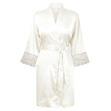 Swhiteme Bride Robe with Lace Trim, Large/X-Large, Rhinestone, White