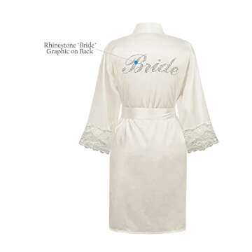 Swhiteme Bride Robe with Lace Trim, Large/X-Large, Rhinestone, White