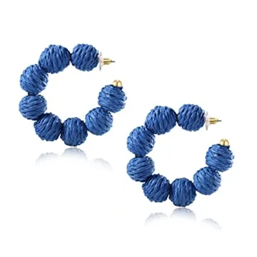 Royal Blue Rattan Earrings: Boho Raffia Ball Drop Earrings for Women, Lightweight Straw Jewelry Gift...
