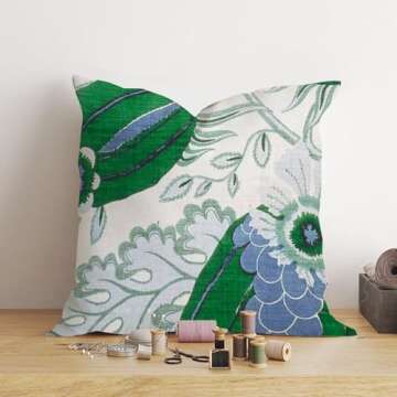Carnival Pillow Cover in Green 18x18 Green Floral Blue Ivory Pillow Cushion Cover Decortaive Pillowc...