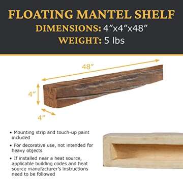 AZ Faux High-Density Polyurethane Faux Fireplace Mantel | Lightweight Rustic Floating Wood Beam with...