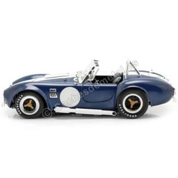 Shelby Collectibles 1965 Shelby Cobra 427 S/C Dark Blue Metallic with White Stripes with Printed Carroll Shelby's Signature on The Trunk 1/18 Diecast Model Car