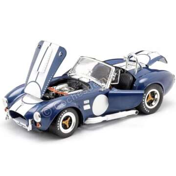 Shelby Collectibles 1965 Shelby Cobra 427 S/C Dark Blue Metallic with White Stripes with Printed Carroll Shelby's Signature on The Trunk 1/18 Diecast Model Car