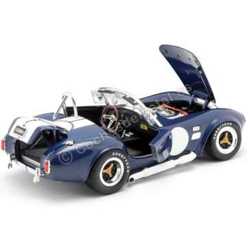 Shelby Collectibles 1965 Shelby Cobra 427 S/C Dark Blue Metallic with White Stripes with Printed Carroll Shelby's Signature on The Trunk 1/18 Diecast Model Car