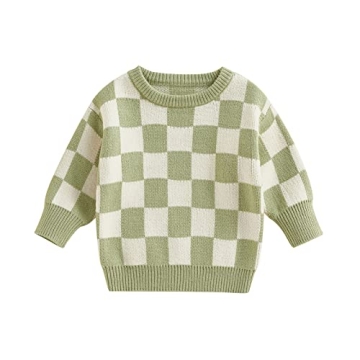 Kuriozud Toddler Baby Boy Girl Sweater Checkerboard Knit Crewneck Sweatshirt Soft Warm Fall Winter C...