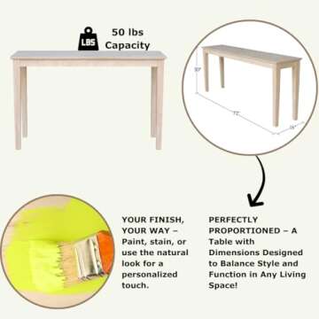 IC International Concepts 30" H Shaker Console Table Living Room/Bedroom/Entryway, Solid Parawood, Easy Assembly, Durable and Eco Friendly, Paint or Stain in Any Color to Match Your Decor, Unfinished