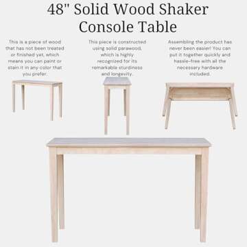 IC International Concepts 30" H Shaker Console Table Living Room/Bedroom/Entryway, Solid Parawood, Easy Assembly, Durable and Eco Friendly, Paint or Stain in Any Color to Match Your Decor, Unfinished