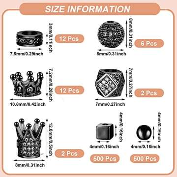 1034 Pieces King Crown Charm Rhinestone Bead Round Ball Zircon Bead Hexagon Big Hole Spacer Diamond Cutting Cube for DIY Chain Bracelet Jewelry Making(Black)