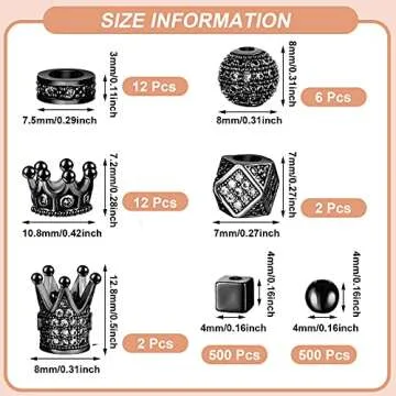 1034 Pieces King Crown Charm Rhinestone Bead Round Ball Zircon Bead Hexagon Big Hole Spacer Diamond Cutting Cube for DIY Chain Bracelet Jewelry Making(Black)