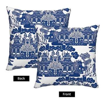 Throw Pillow Covers Blue Willow Chinoiserie Porcelain Inspiration Decorative Square Pillowcase 18 X 18 Inch with Hidden Zipper Customized Linen Cushion Cases for Couch Bed Sofa Bedroom Car Decor