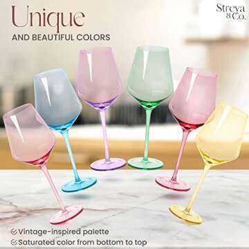 Colored Wine Glasses Set of 6 Crystal - 18 oz - Unique Colorful Wine Glasses with Stem, Multi Colored Glassware, Durable, Hand-Blown Glassware, Perfect for Red White Wine - Gift for Wife & Mom