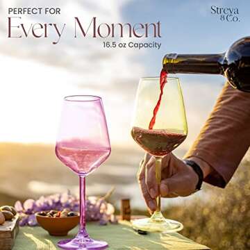 Colored Wine Glasses Set of 6 Crystal - 18 oz - Unique Colorful Wine Glasses with Stem, Multi Colored Glassware, Durable, Hand-Blown Glassware, Perfect for Red White Wine - Gift for Wife & Mom