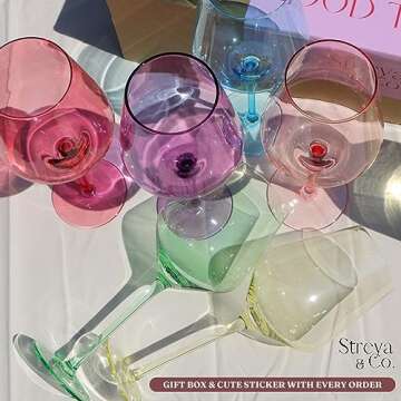 Colored Wine Glasses Set of 6 Crystal - 18 oz - Unique Colorful Wine Glasses with Stem, Multi Colored Glassware, Durable, Hand-Blown Glassware, Perfect for Red White Wine - Gift for Wife & Mom