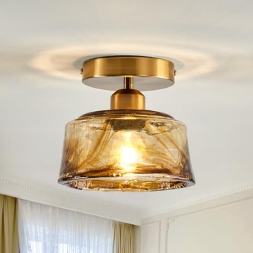CVKASH Semi Flush Mount Brass Ceiling Light Fixture Small Modern Gold Amber Glass Chandelier Farmhou...