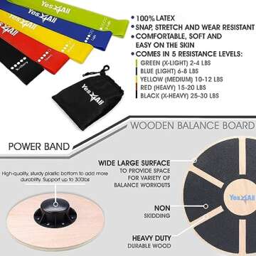 Yes4All Combo Wooden Wobble Balance Board & Loop Resistance Bands for Physical Therapy, Core Training, Home Gym Workout - Black