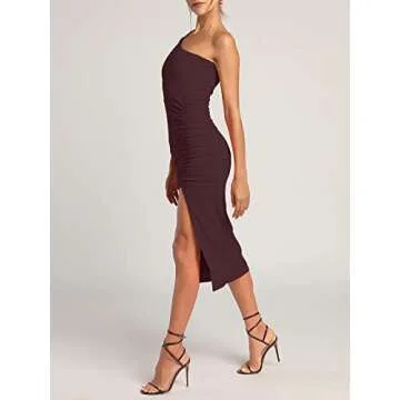 Halfword One Shoulder Dress for Women Sexy Bodycon Ruched Ribbed Slit Party Club Foraml Cocktail Wedding Guest Dresses Coffee
