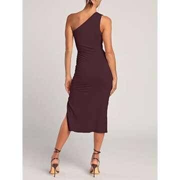 Halfword One Shoulder Dress for Women Sexy Bodycon Ruched Ribbed Slit Party Club Foraml Cocktail Wedding Guest Dresses Coffee