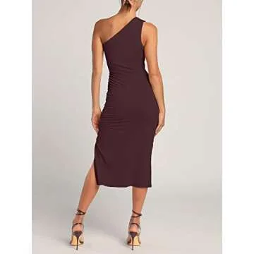 Halfword One Shoulder Dress for Women Sexy Bodycon Ruched Ribbed Slit Party Club Foraml Cocktail Wedding Guest Dresses Coffee