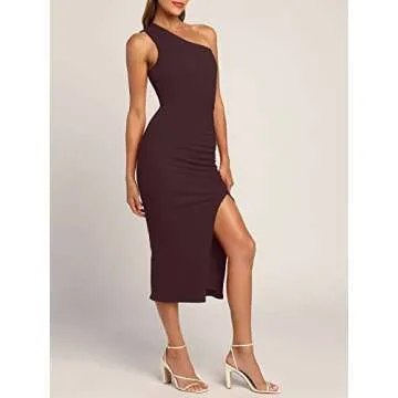 Halfword One Shoulder Dress for Women Sexy Bodycon Ruched Ribbed Slit Party Club Foraml Cocktail Wedding Guest Dresses Coffee