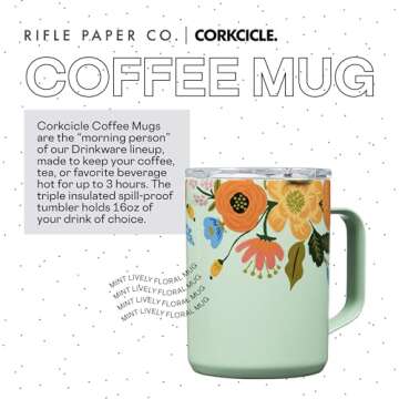 Corkcicle x Rifle Paper Co. Triple Insulated Coffee Mug with Lid and Handle, Mint Lively Floral, 16 ...