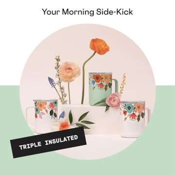 Corkcicle x Rifle Paper Co. Triple Insulated Coffee Mug with Lid and Handle, Mint Lively Floral, 16 oz –Stainless Steel Travel Mug Keeps Beverage Hot for 3+ Hours –Non-Slip, Easy-Grip, Spill-Resistant